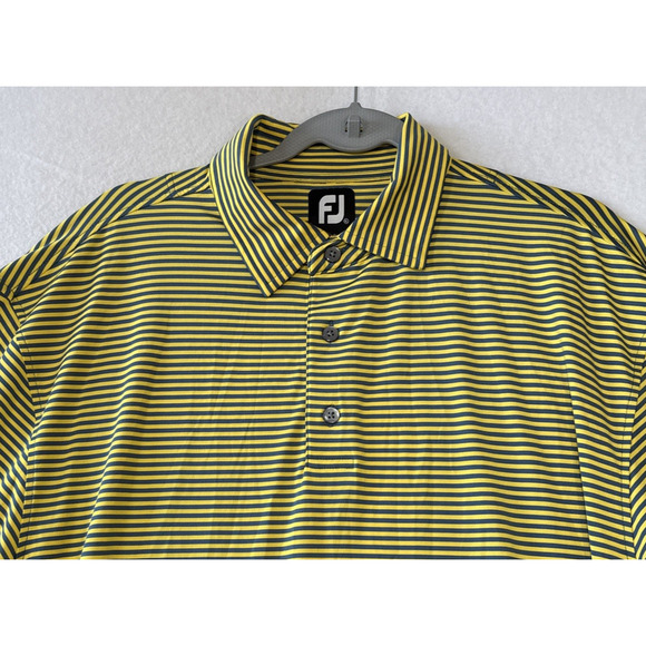 Foot Joy Mens XL Short Sleeve Polo Shirt Yellow Blue Striped Poly Spandex - Picture 1 of 10